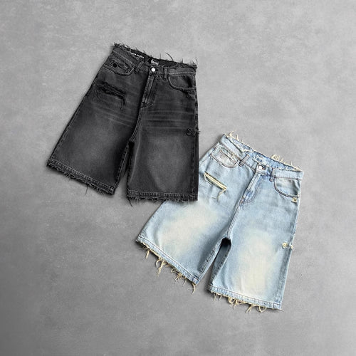 RIOT Gothic Washed Denim Shorts - denim