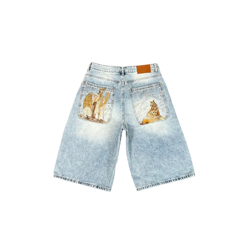 Embroidered denim shorts