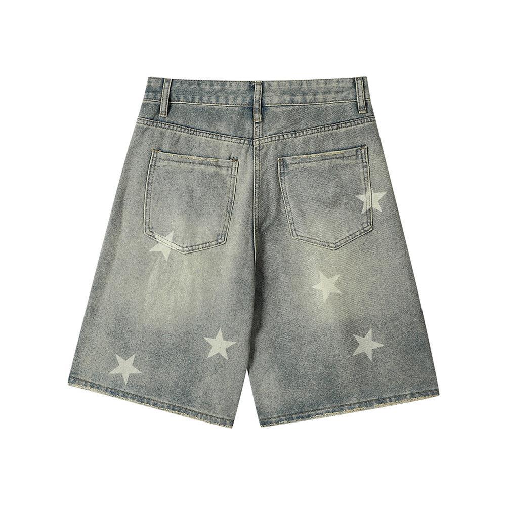 Men's Star Print Denim Shorts Loose Fit