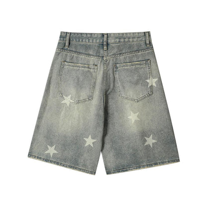 Men's Star Print Denim Shorts Loose Fit