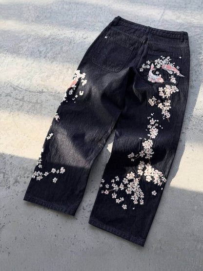 RIOT Japanese Style 3D Printed Cherry Blossom Casual Pants - pants