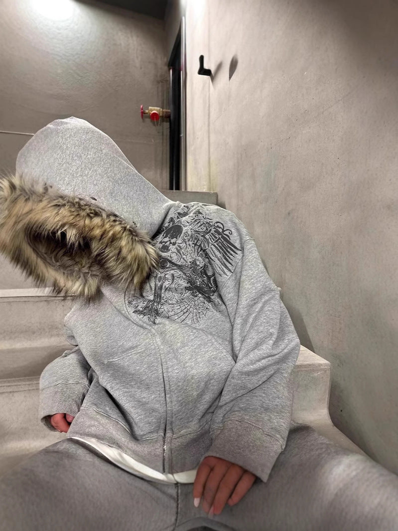 Fluffy Printed Pullover Hoodie