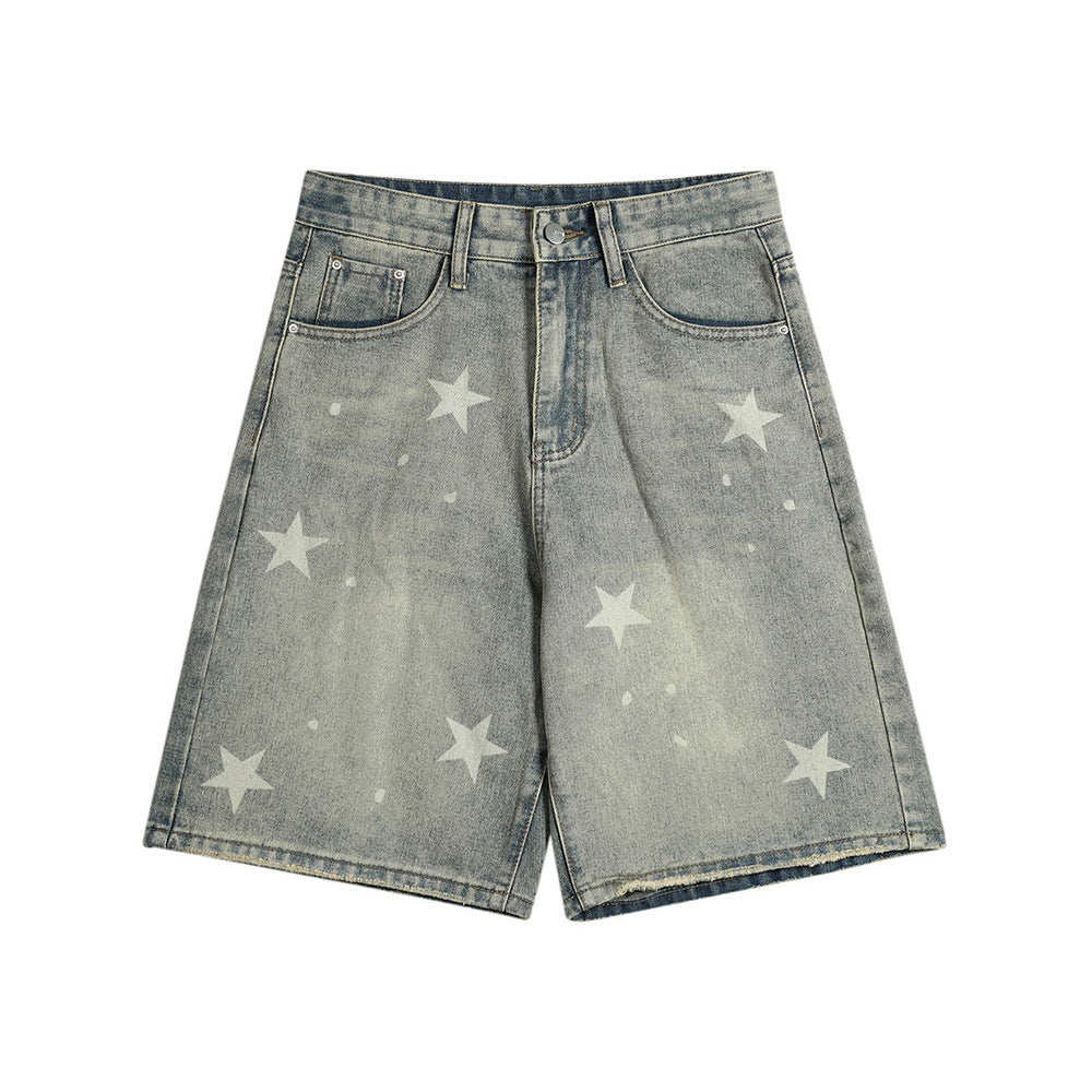 Men's Star Print Denim Shorts Loose Fit