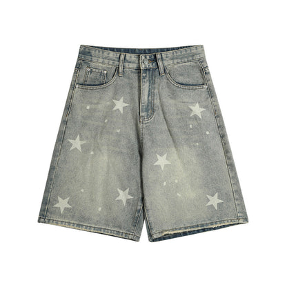 Men's Star Print Denim Shorts Loose Fit