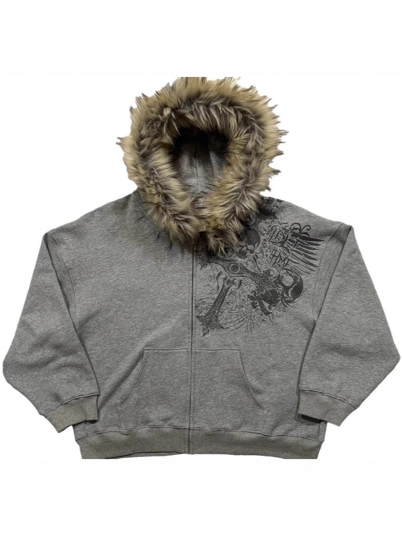 Fluffy Printed Pullover Hoodie