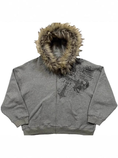 Fluffy Printed Pullover Hoodie
