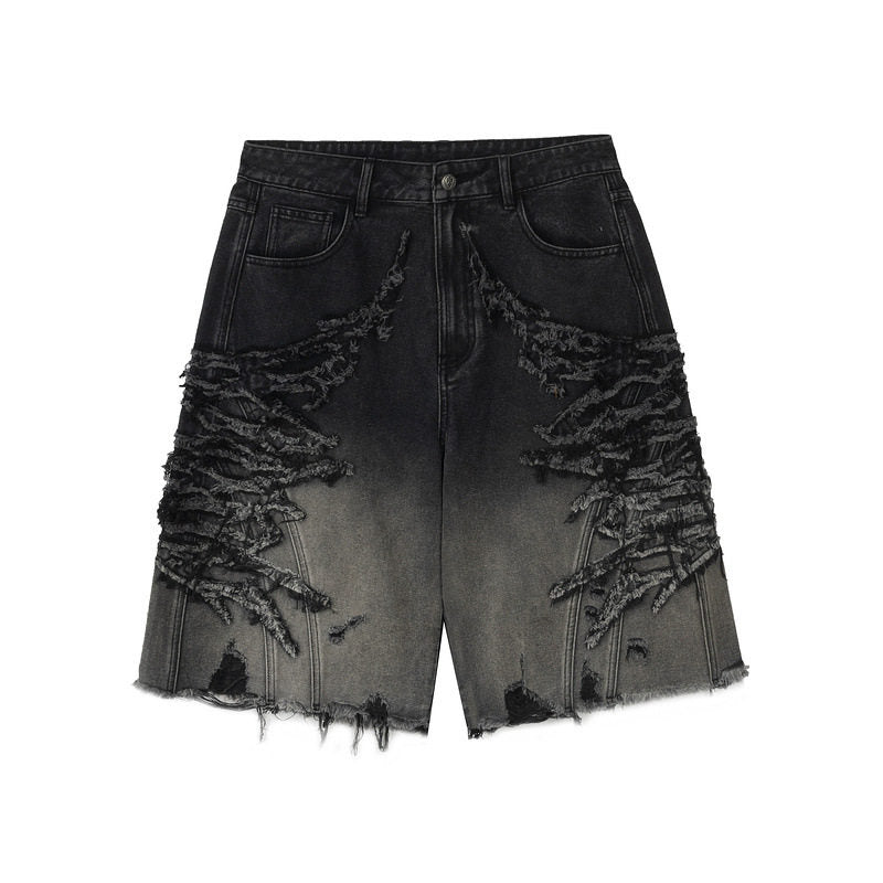 Distressed denim shorts