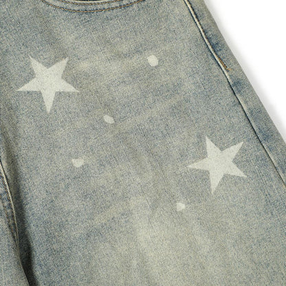 Men's Star Print Denim Shorts Loose Fit
