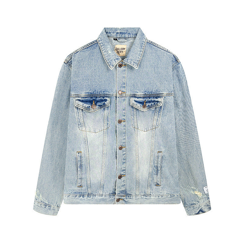 Embroidered Washed Destroyed Denim Jacket