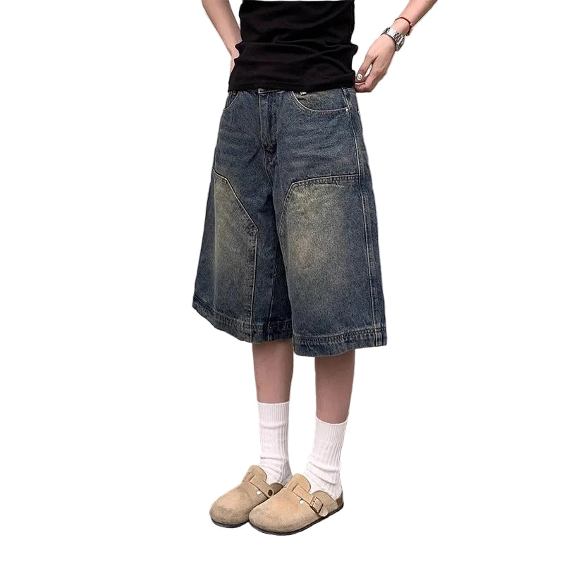 Men's Vintage Blue Washed Denim Shorts Straight Fit Casual Cropped Pants