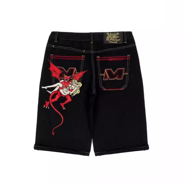 RIOT Embroidered Denim Shorts - denim