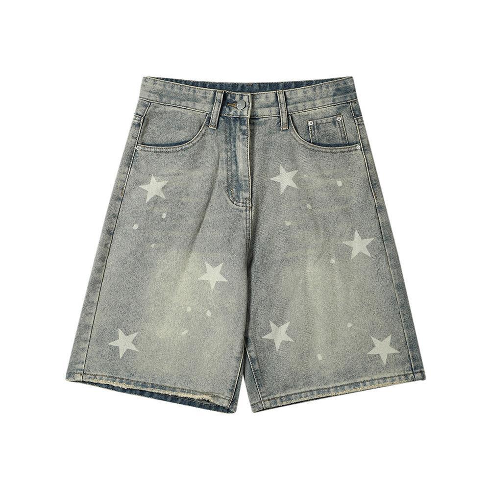 RIOT Men's Star Print Denim Shorts Loose Fit - denim